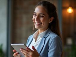 Person looking happily at a tablet, representing positive candidate experience